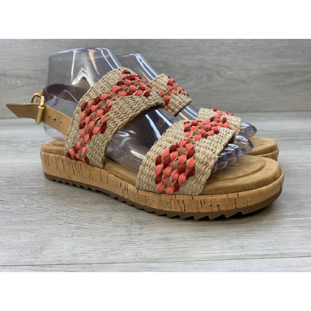 Earth Women's Woven Platform Sandals Coral Red Raffia Cork Slingback 5 Shoes